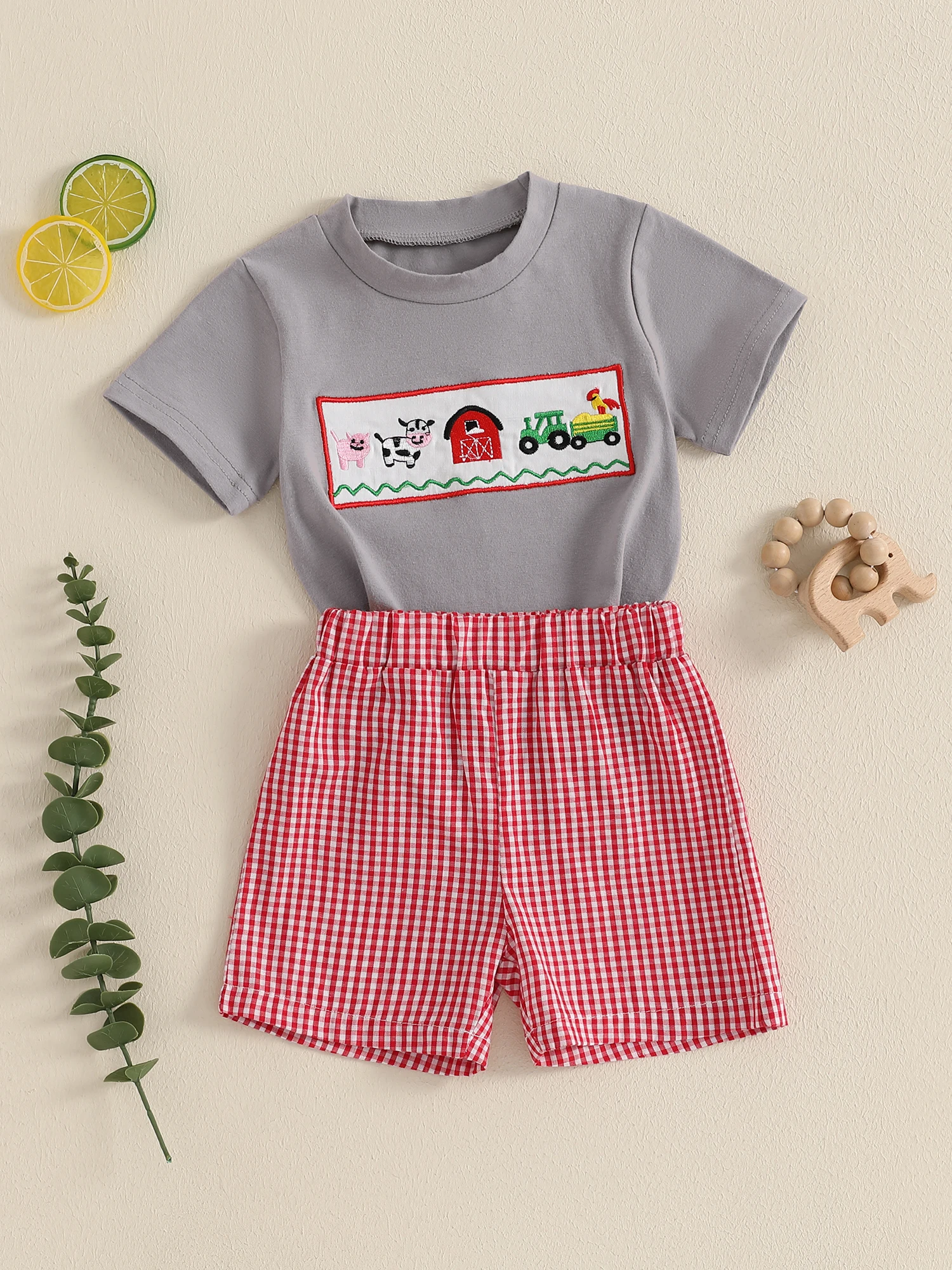 Toddler Girls Shorts Set Short Sleeve Round Neck Farm Embroidery Tops Elastic Waistband Plaid Shorts