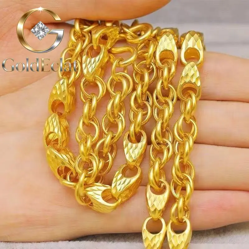 

GoldEclat Luxury 24K 9999 Pure Gold real gold Twist melon seeds necklace light luxury men's necklace