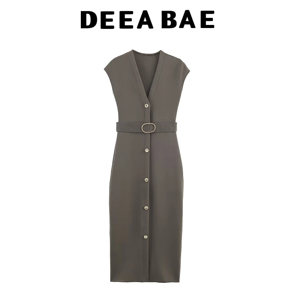 DEEABAE 2025 Autumn New Product Women's High end Sensual Matching Belt Mid length Waist Collection Knitted Dress