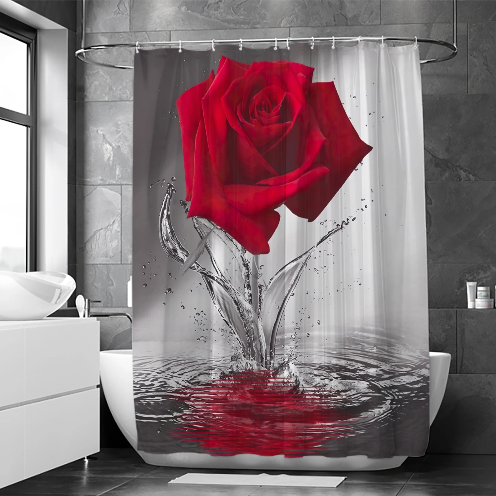 1Pc Red Rose Water Flower Bathroom Shower Curtain Romantic Lake Flower Bathroom Decoration Waterproof Fabric 71x71 in