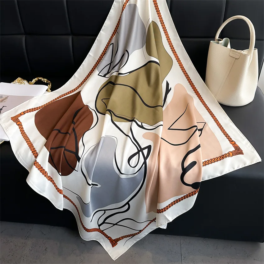 90*90cm Bedruckter Weicher Quadratischer Schal Frühling Sommer Atmungsaktive Damen Seidenschals Bandanas Luxuriöser Strand-Schal Eleganter Hijab – Detail 15