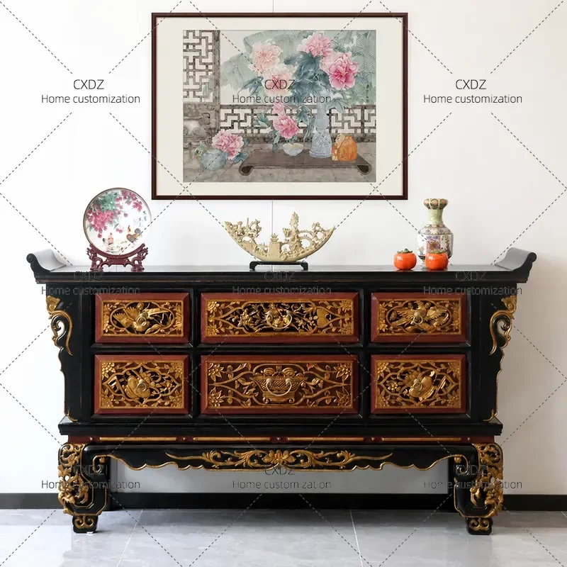Classical Solid Wood Zhongtang Table Retro Carved Altar Desk with Storage Strips Old Gold Painting Warped Head Porch Console