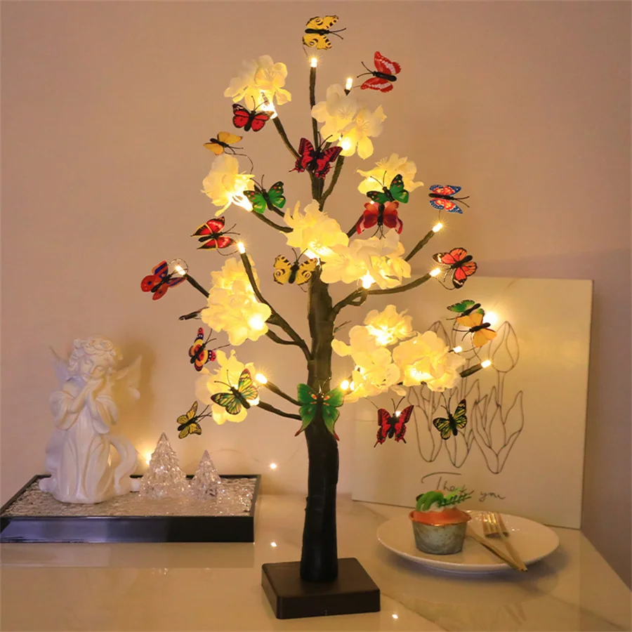 

55CM Lighted Birch Tree for Christmas Decor Butterfly Flower Artificial Lighted Christmas Tree Lights Tabletop Decorations