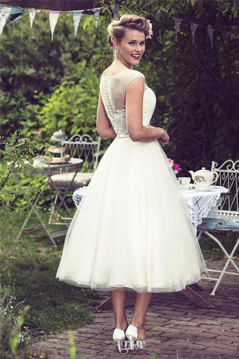 Vestidos de novia cortos de estilo de los años 50, Vestidos de novia con cuello de ilusión, Apliques de encaje, longitud de té con cinturón, baratos