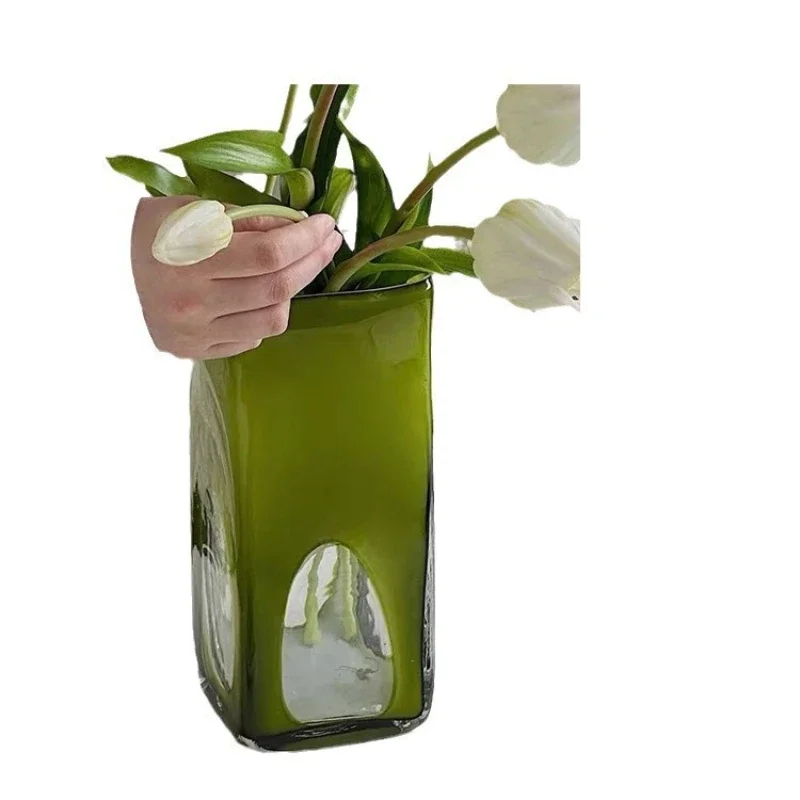 

French medieval square mouth glass vase, high-end living room decoration ornament, hydroponic flower arrangement, homestay