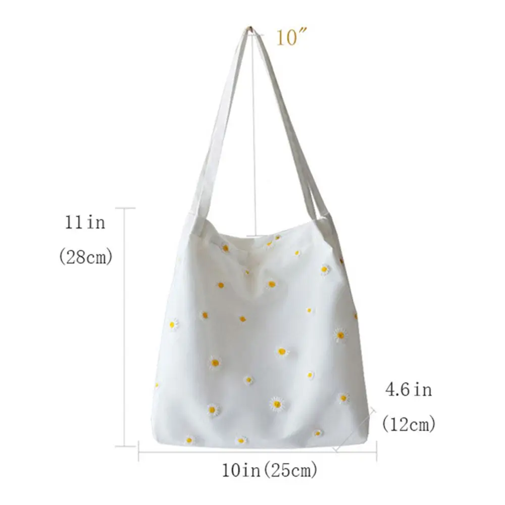 Women Canvas Bags Girls Shopping Handbag Casual Embroidery with Daisy Crochet Cute Mesh Shoulder Bag Tote