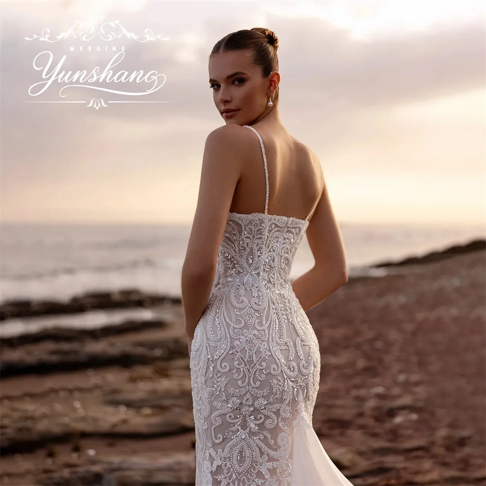 YunShang Maßgeschneidertes herzförmiges Spaghettiträger-Meerjungfrau-Hochzeitskleid, rückenfrei, Spitze, Stickerei, Applikationen, Tüll, Pailletten, Luxus