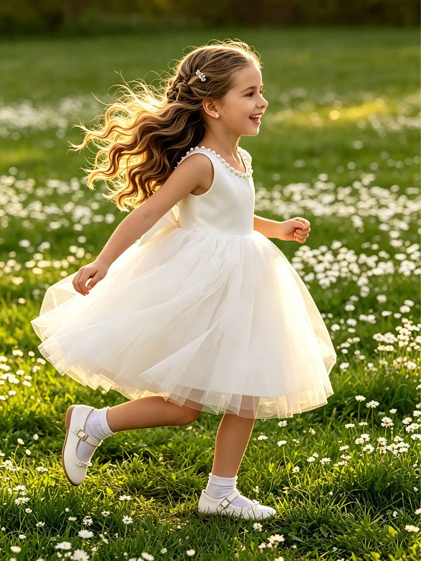 Girls' Beaded Bow Princess Dress, Flower Girl Wedding Dress, Kindergarten Important Festival Ball Gown, Piano Performance Dress, Children's Formal Dress