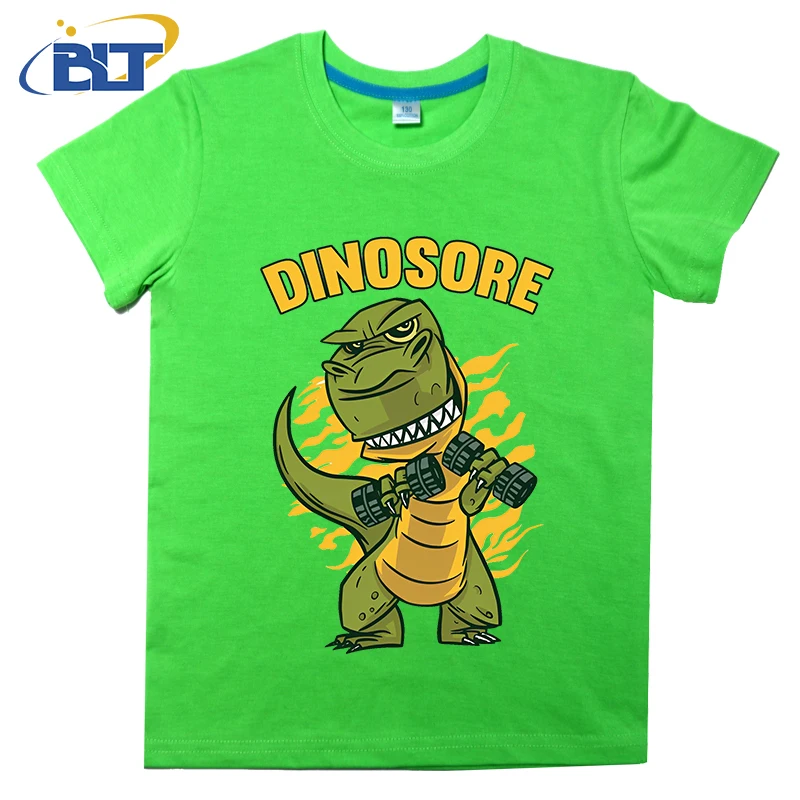 Dinossauro impresso de manga curta t-shirt, algodão puro, top casual, adequado para meninos e meninas