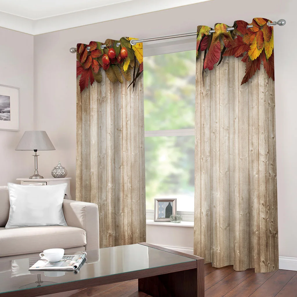 HUANZHUANG Curtains For Houses Rooms Vintage Wood Grain Red Leaves Curtains Living Room Drapes Window Curtains Bedroom