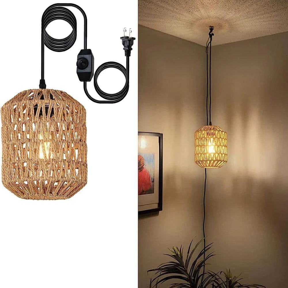 JOYINLED Plug-In Woven Rope Pendant Lamp, 4.5M Cord with Dimmer Switch, E27 Hanging Chandelier Light Shade, Bulb Not Included