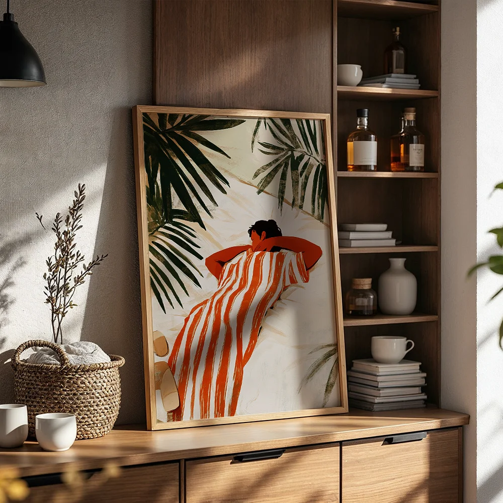 Bohemian Palm Leaf Resting Figure Canvas Wall Decor Picture, 2D Printed Poster Wall Art, Vintage Home Decor Gift For Living Room