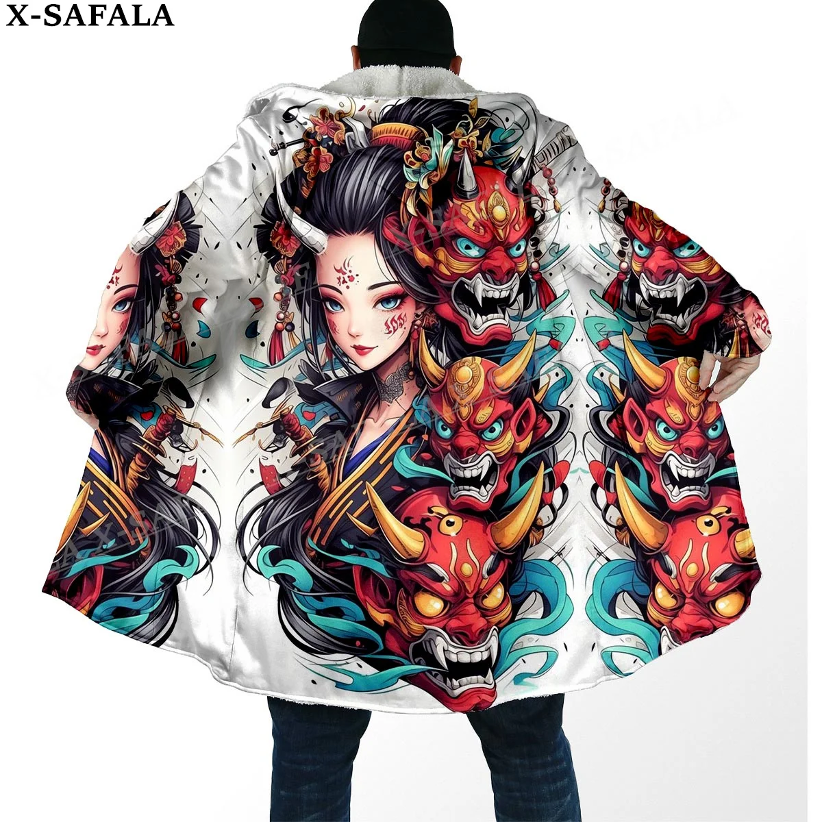 

Samurai Oin Skull Trippy Psychedelic Thick Warm Hooded Cloak Men Overcoat Coat Windproof Fleece Cape Robe Hooded Blanket-10