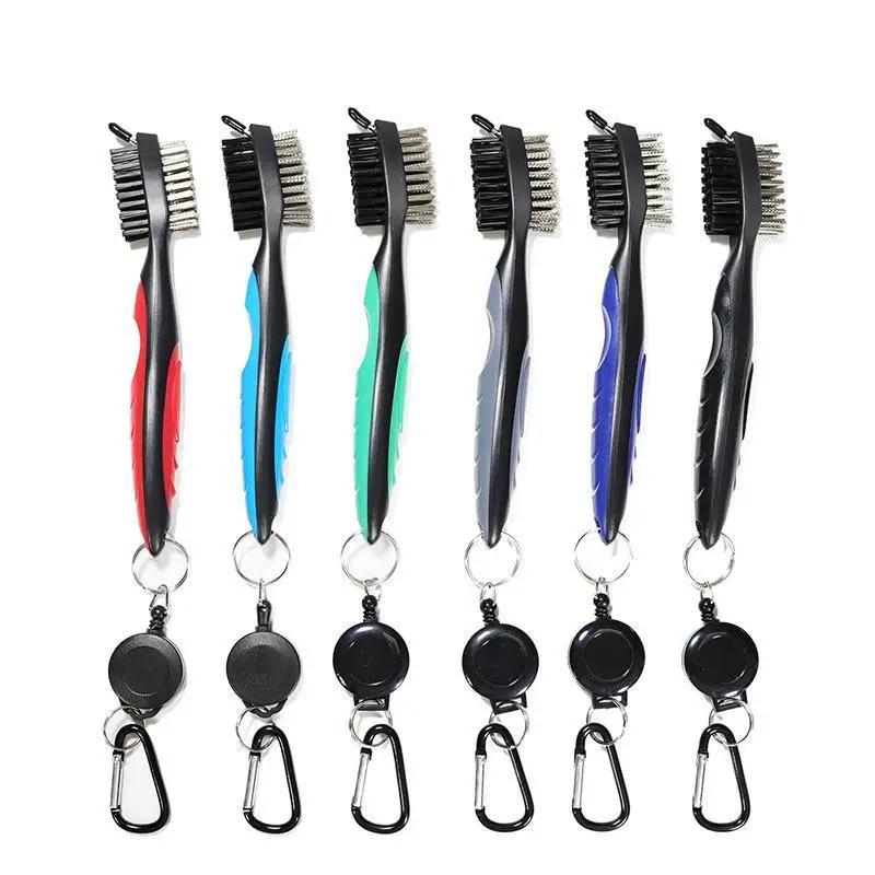 ⑥ 1pc Golf Club Brush Groove Cleaner Retractable Dual Sided Nylon Bristles Aluminum Carabiner Groove Cleaner Groove Cleaning
