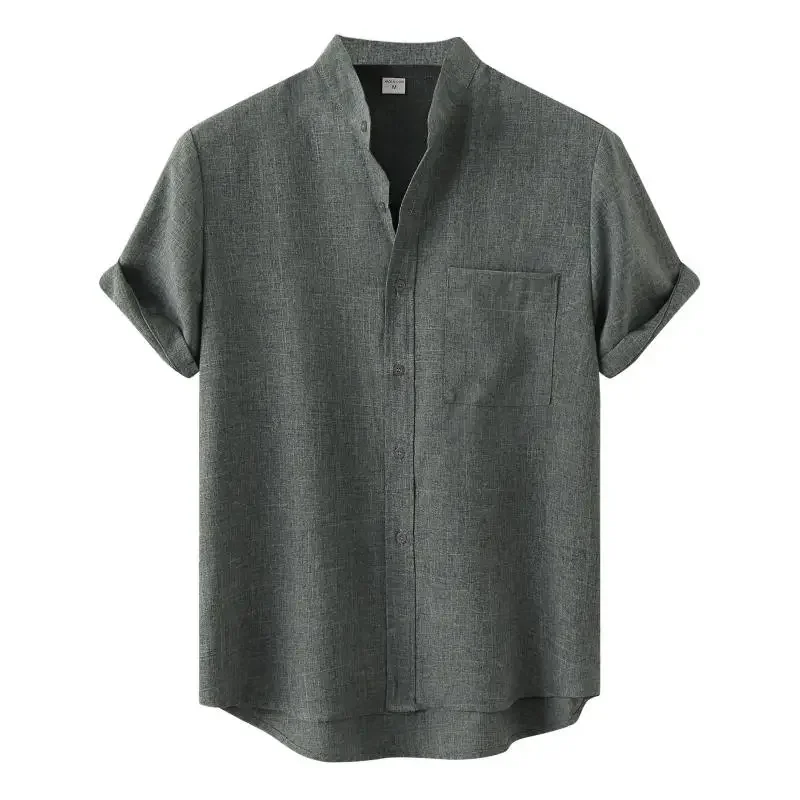 

Summer Shirt Men Cotton Linen Short Sleeved Breathable Solid Color Casual Shirts Fashion Stand Collar Single Breasted Man Blouse