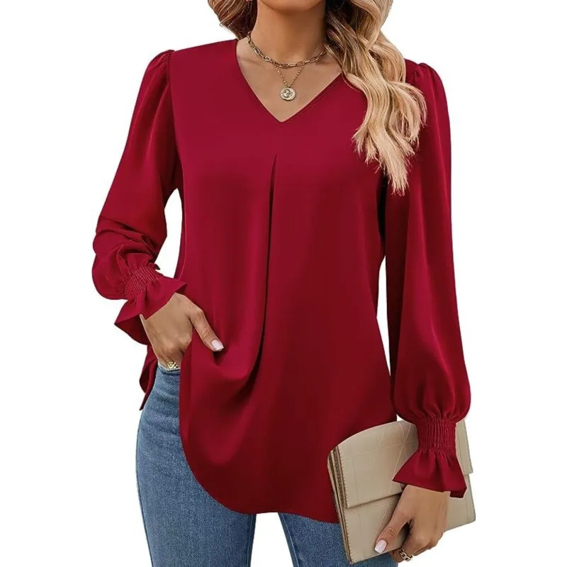 Women's New Solid Color Chiffon Shirt V-neck Pullover Flared Long Sleeved Shirt Pleated Orange Comfortable Casual Versatile Top