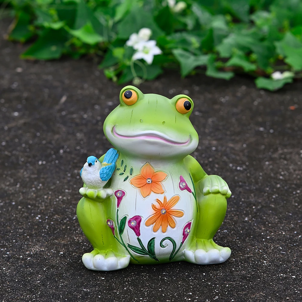 Resin Solar Frog Statue Featuring Blue Bird and Light Emitting LED Flowers for Patio Yard or Porch Decoration 19x16x11cm