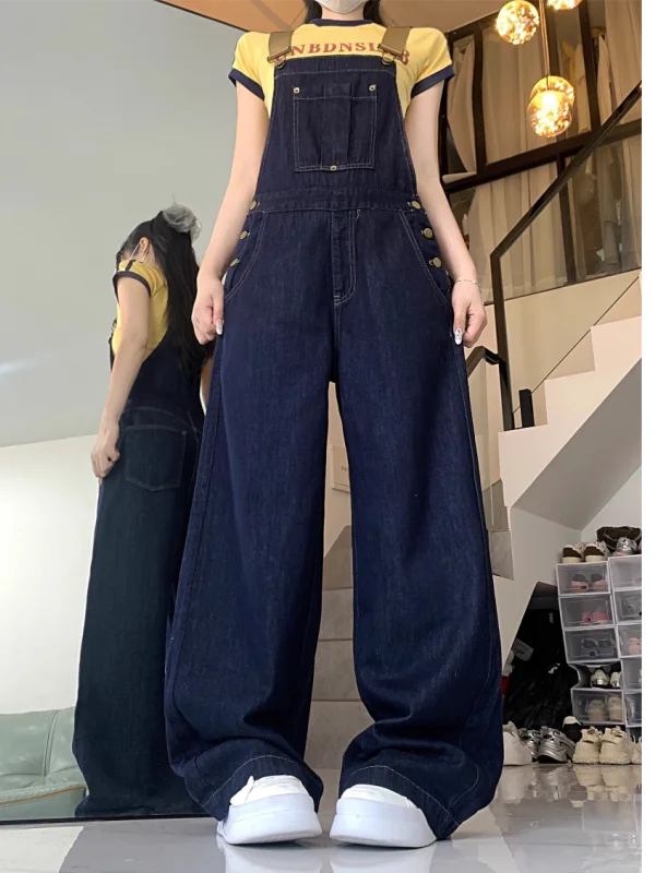 Retro Deep Blue Denim Overalls Women's Loose Floor-Length Pear ape Small Size High Waist Straight Leg Jumpsuit