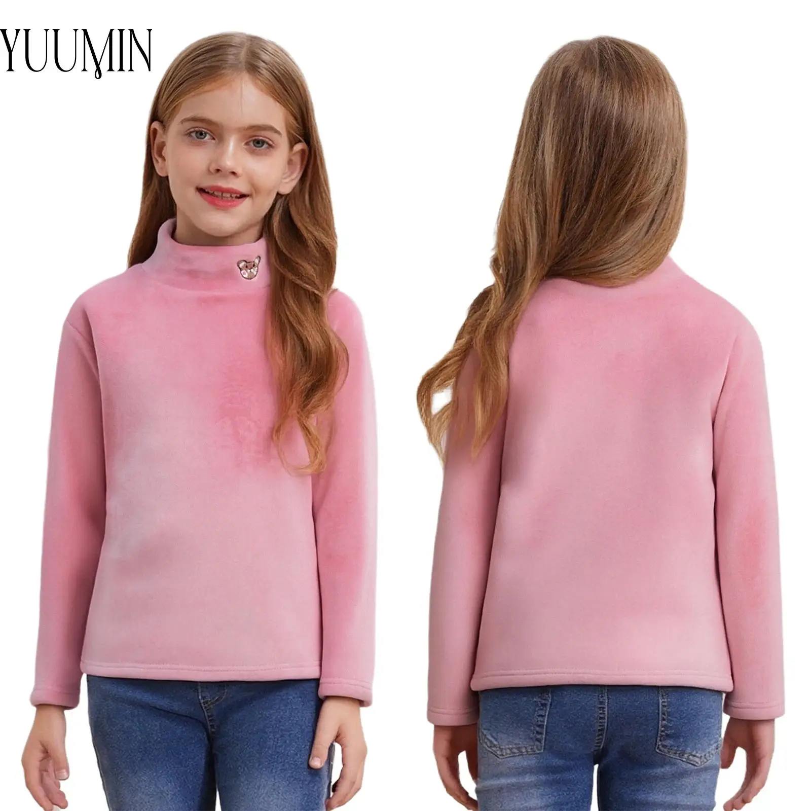 

Kids Girls Boys Casual Daily Wear Thick Velvet Thermal Top Underwear Bear Embroidery Long Sleeves Pullover Homewear Loungewear