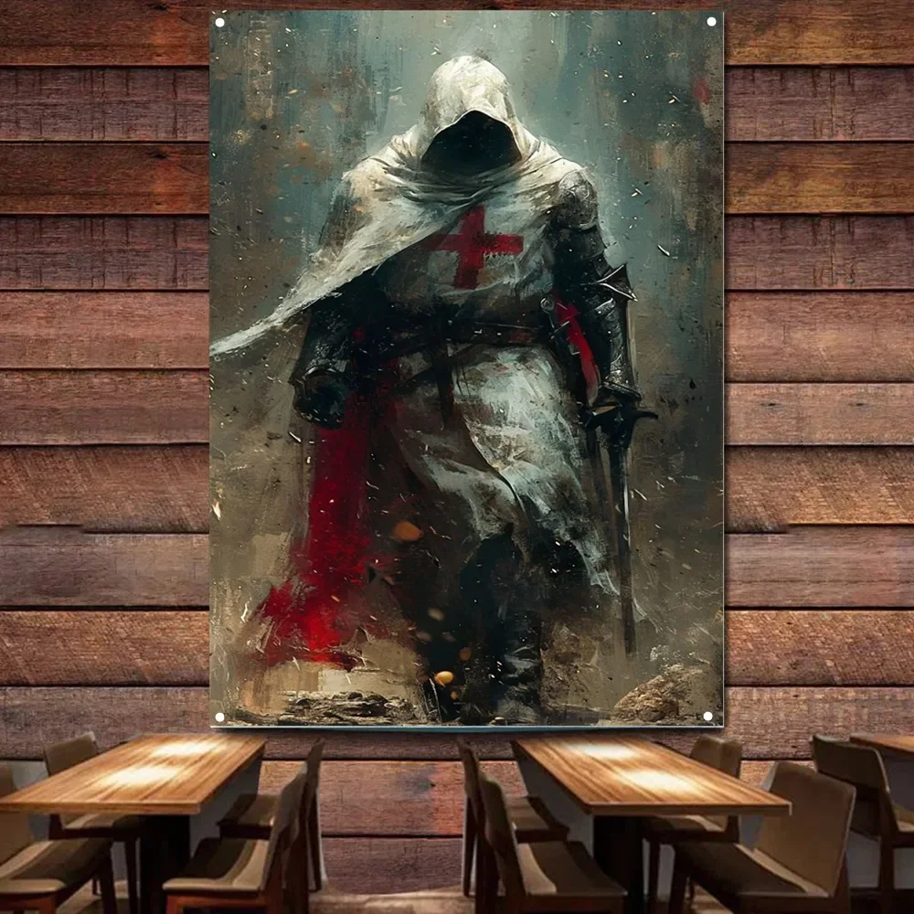 

Knight Templar Order Tapestry Canvas Painting Crusaders Armor Warrior Wall Art Posters Wall Hanging Flag Vertical Art Banner