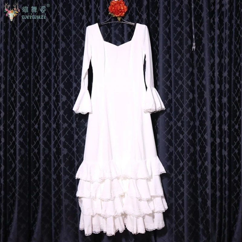 Kostium do flamenco hiszpańskiego dla kobiet, szyty na miarę, sukienka wyszczuplająca z długim rękawem, strój do występów na scenie w sali tanecznej.