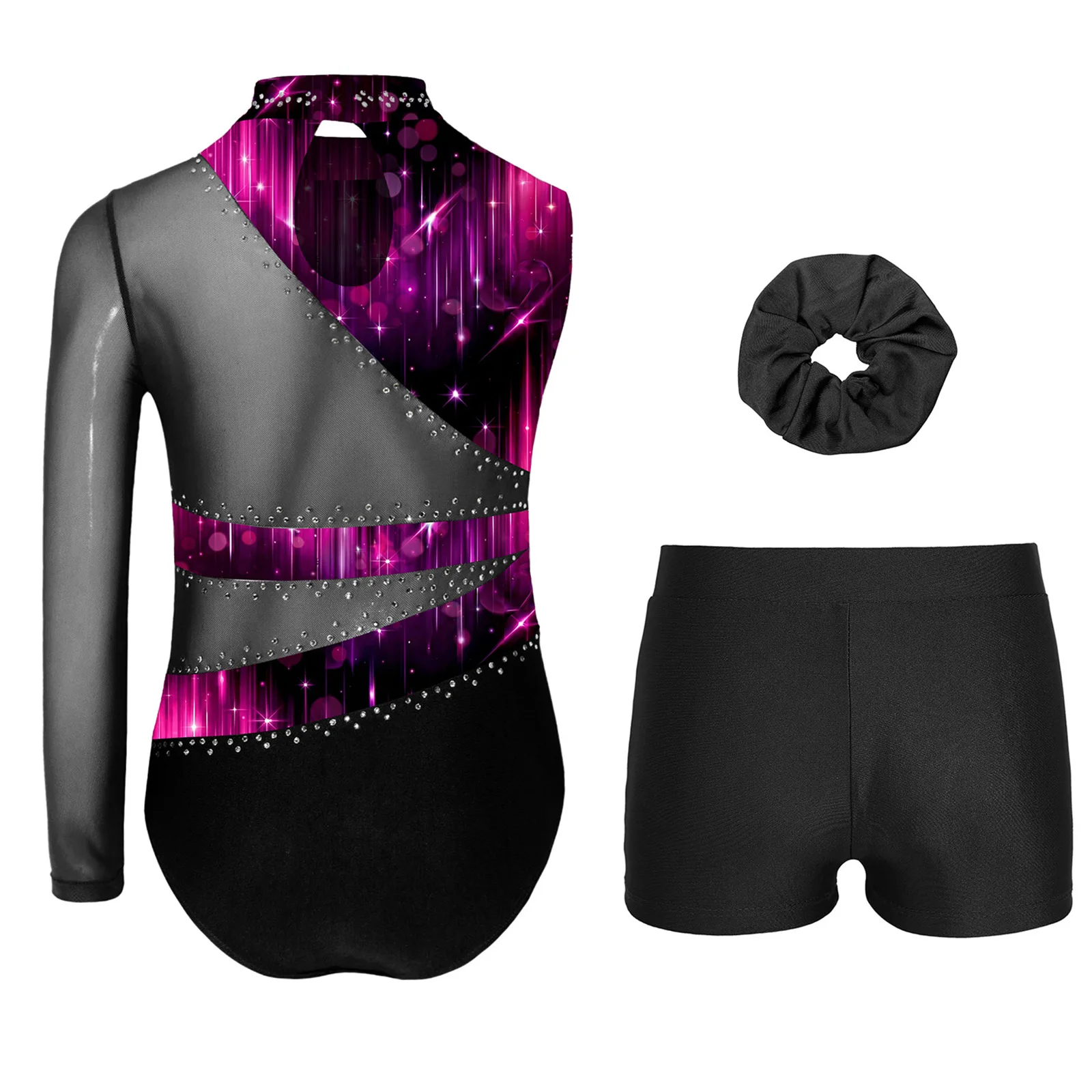 

Kids Girls Ballet Gymnastics Sets Rhinestones Dance Unitard and Shorts Outfits for Stage Recital Competition Performance Wear