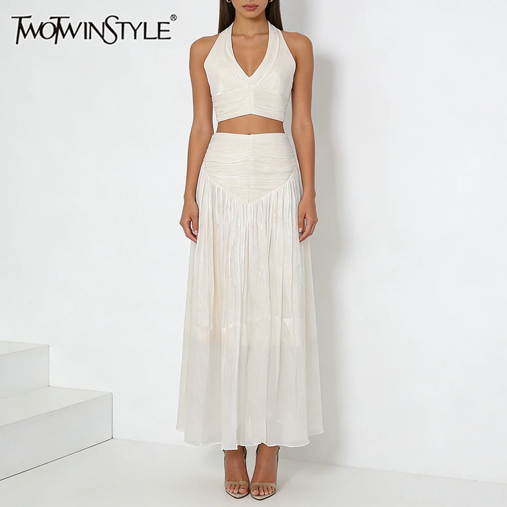 TWOTWINSTYLE Solid Slimming Elegant Two Piece Sets for Women Halter Sleeveless Vest High Waist Skirt Spliced Shirring Set Female