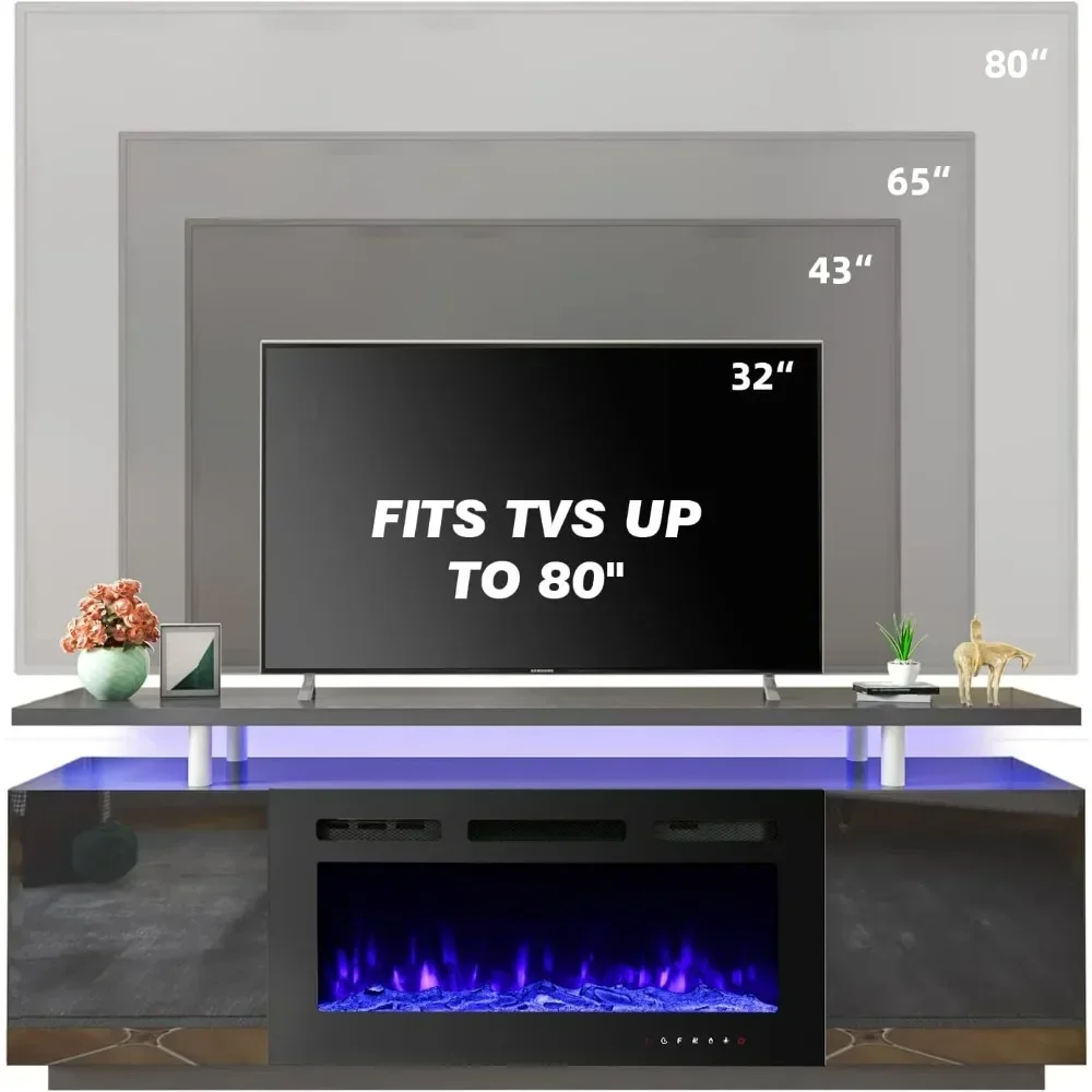 70'' Fireplace TV Stand with 36'' Electric Fireplace, 12 Flame Fireplace Insert Heater and 16 Color Led Lights, TV Console