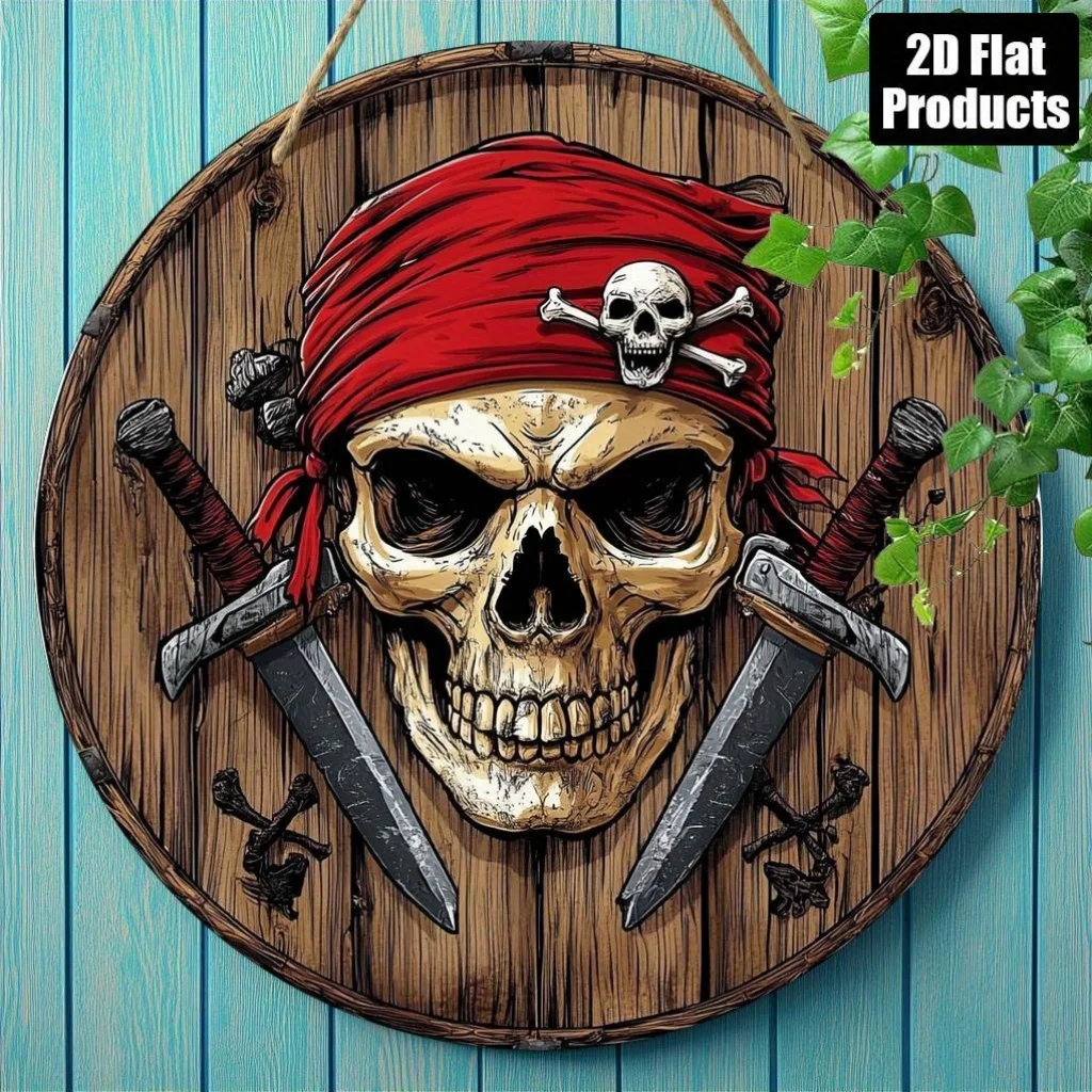 2D Flat Pirate Skull with Ed Swords Wall Art - Vintage Faux Wood Home, Restaurant, Farmhouse Decor Plaque - Unique Gift for Pira