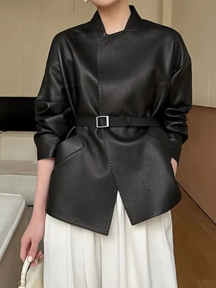 Uoozee Office Lady Faux Leather Belted Stand Collar Jackets 2025 New Spring Autumn Long Sleeves Urban Fashion Trendy Outerwear