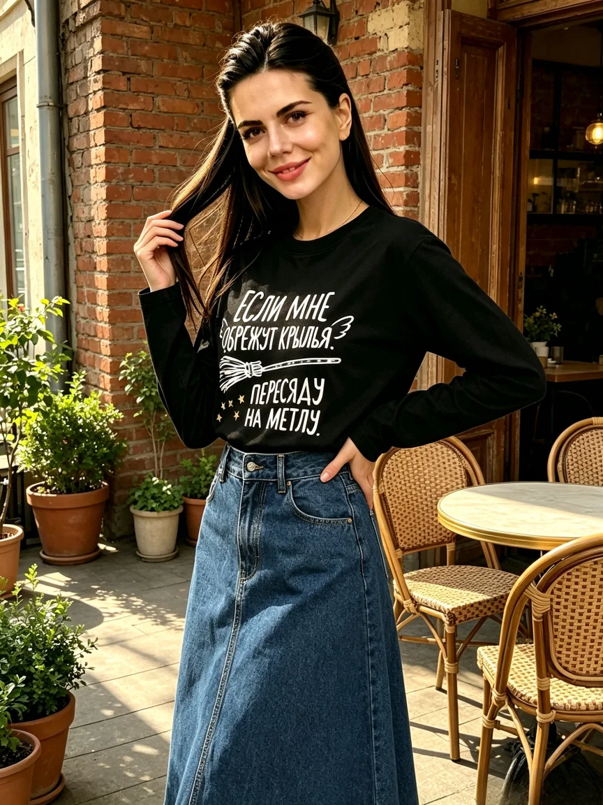 Women's Long Sleeved T-shirt with Russian Text Witch Broom Star Pattern Print, Casual and Loose Fit Suitable for Daily Wear