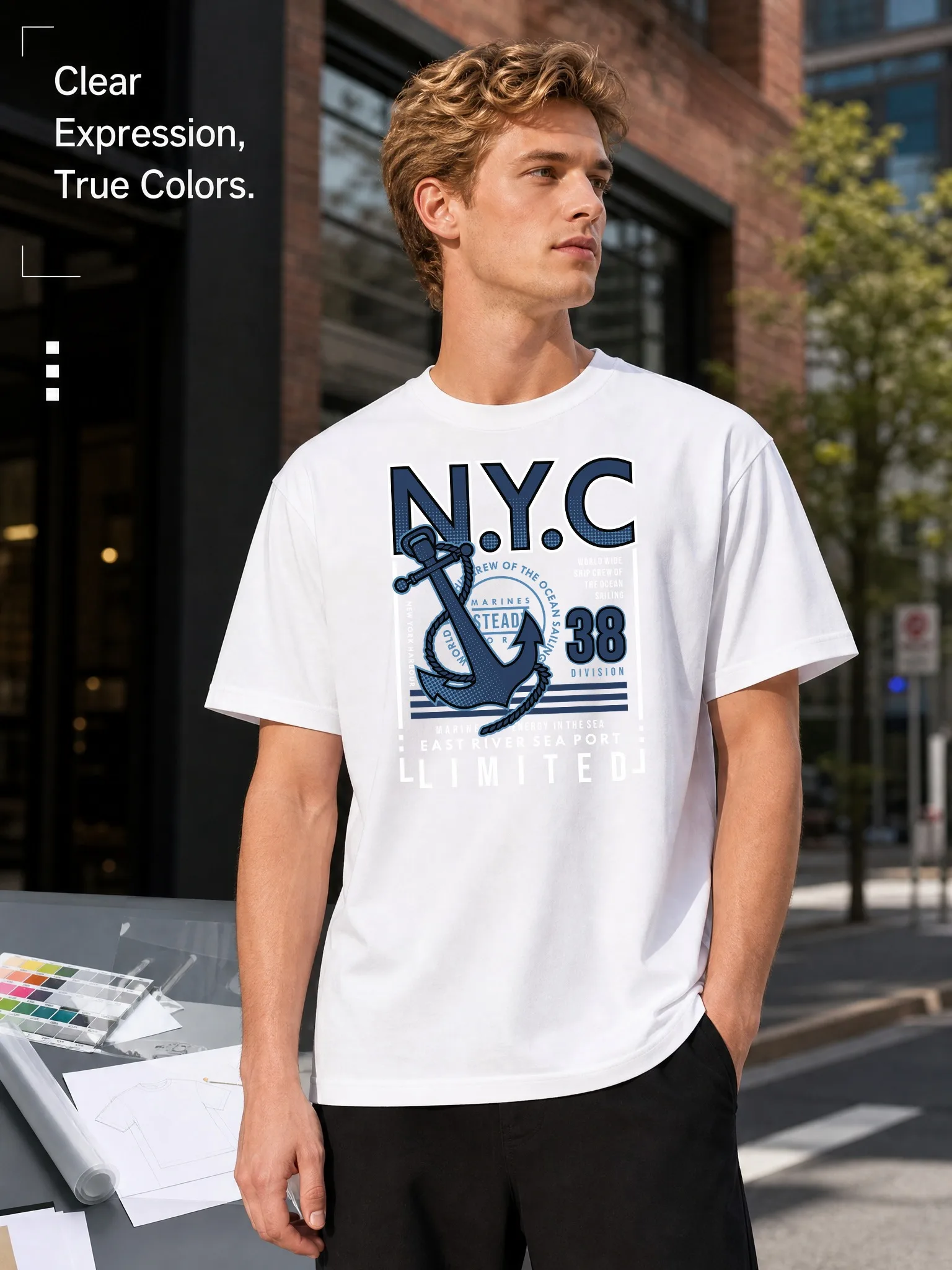 Men's White Loose-Fitting Round-Neck Short-Sleeved T-Shirt, Nautica Style Anchor-Shaped Letter Print Top, Street Casual Trendy Versatile Item, Breathable and Comfortable for Everyday Outings