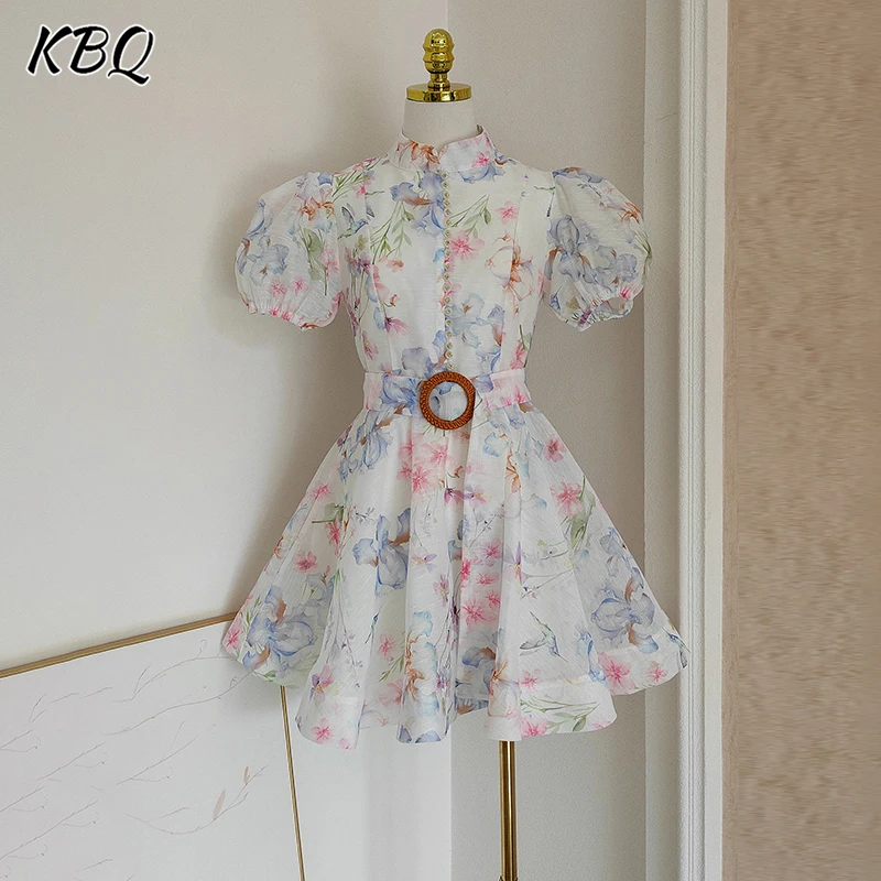 

KBQ Hit Color Printing Slimming A Line Dresses for Women Stand Collar Short Sleeve High Waist Temperament Dress Female Fashion