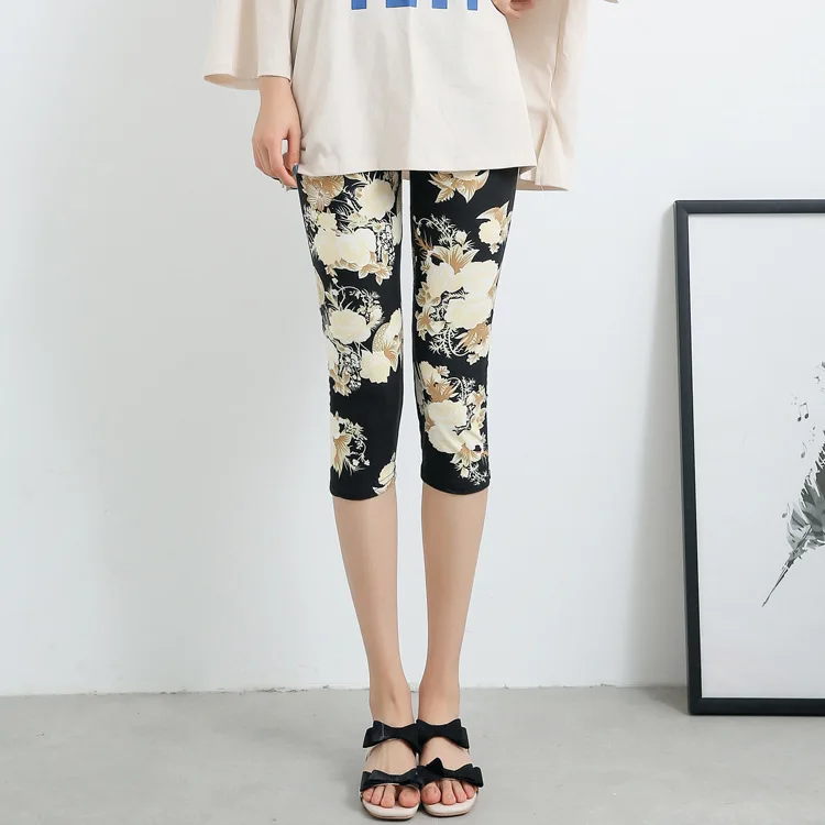 Milky Silk Printed Slimming Seven-Foot Pants Women's Thin Elastic Base Layer Trousers Casual Tight Fit Abdomen a Polyester