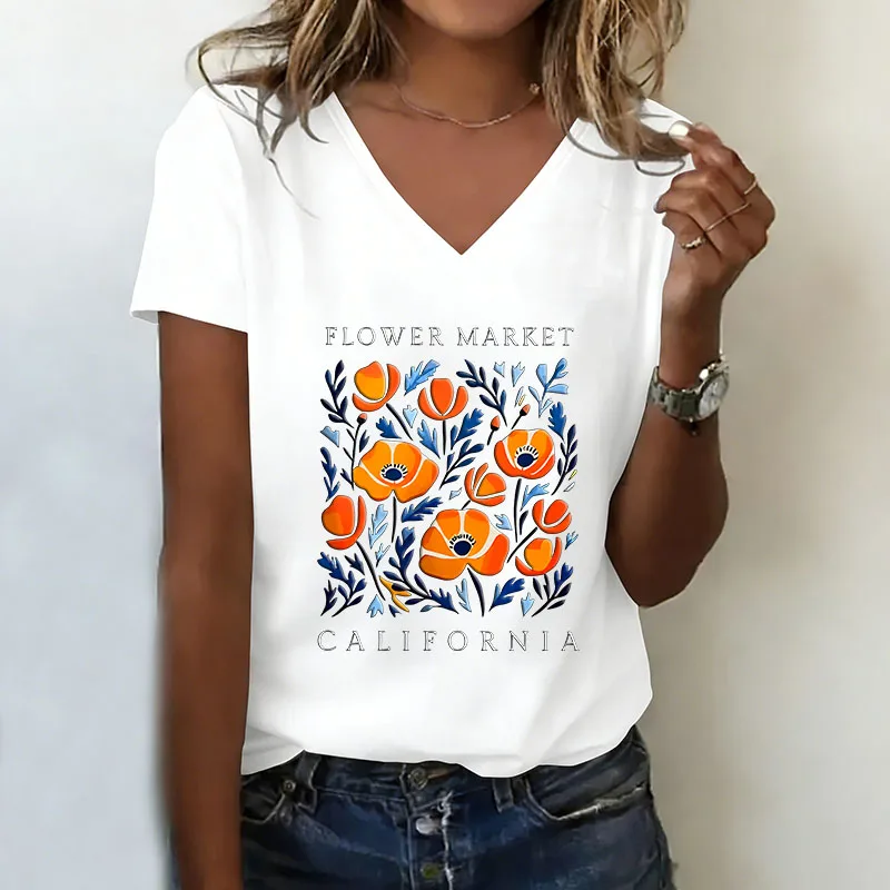 Summer Spring Flowers Market California Print T-shirt V Neck Casual FashionT Shirts Women Short Sleeve Tee Shirt V-Neck
