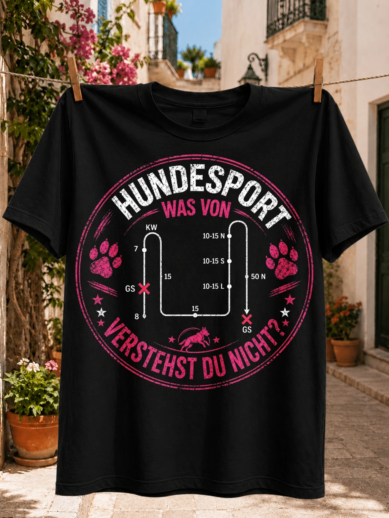 German Hundesport Agility with Circular Pink Paw Prints Route Diagram and Distressed Question  Unisex All T-Shirt