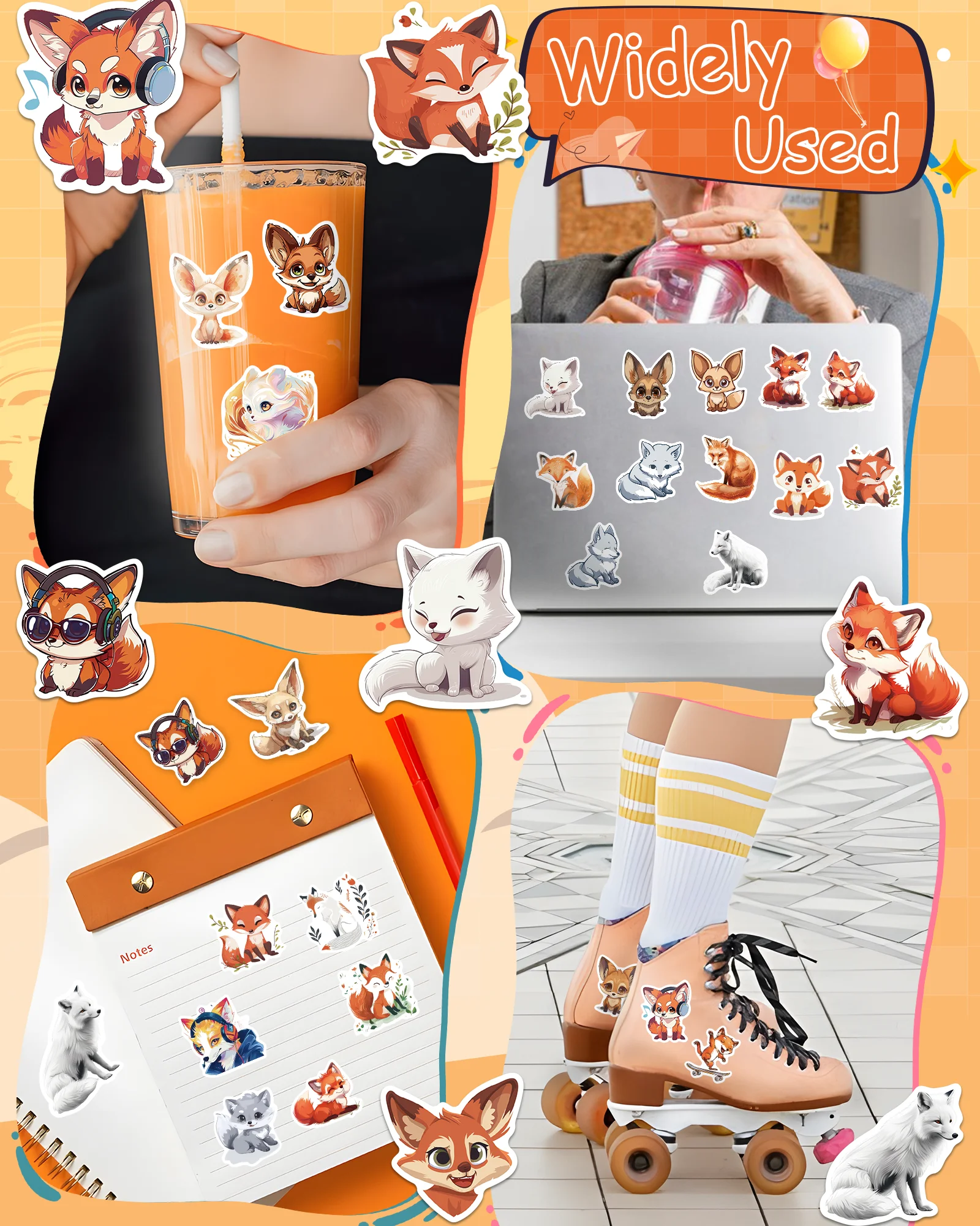 Cute Fox Sticker Cartoon Animals Shape PVC Stationery Stickers Water Cup Suitcase Musical Instrument Decoration Sticker Gifts