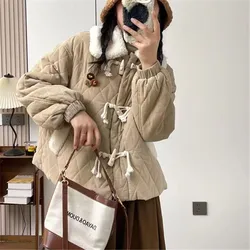 Johnature Lambswool Lapel Corduroy Cotton Women Coats 2025 New Winter Japanese Casual Loose Women With Brooch Jackets