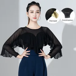 2025 NIEUWE Volwassen Vrouwen Ballroom Kostuum Moderne Latin Dance Top Borst Pad Lange mouwen Chiffon Dame Sexy Mesh stof Dancewear