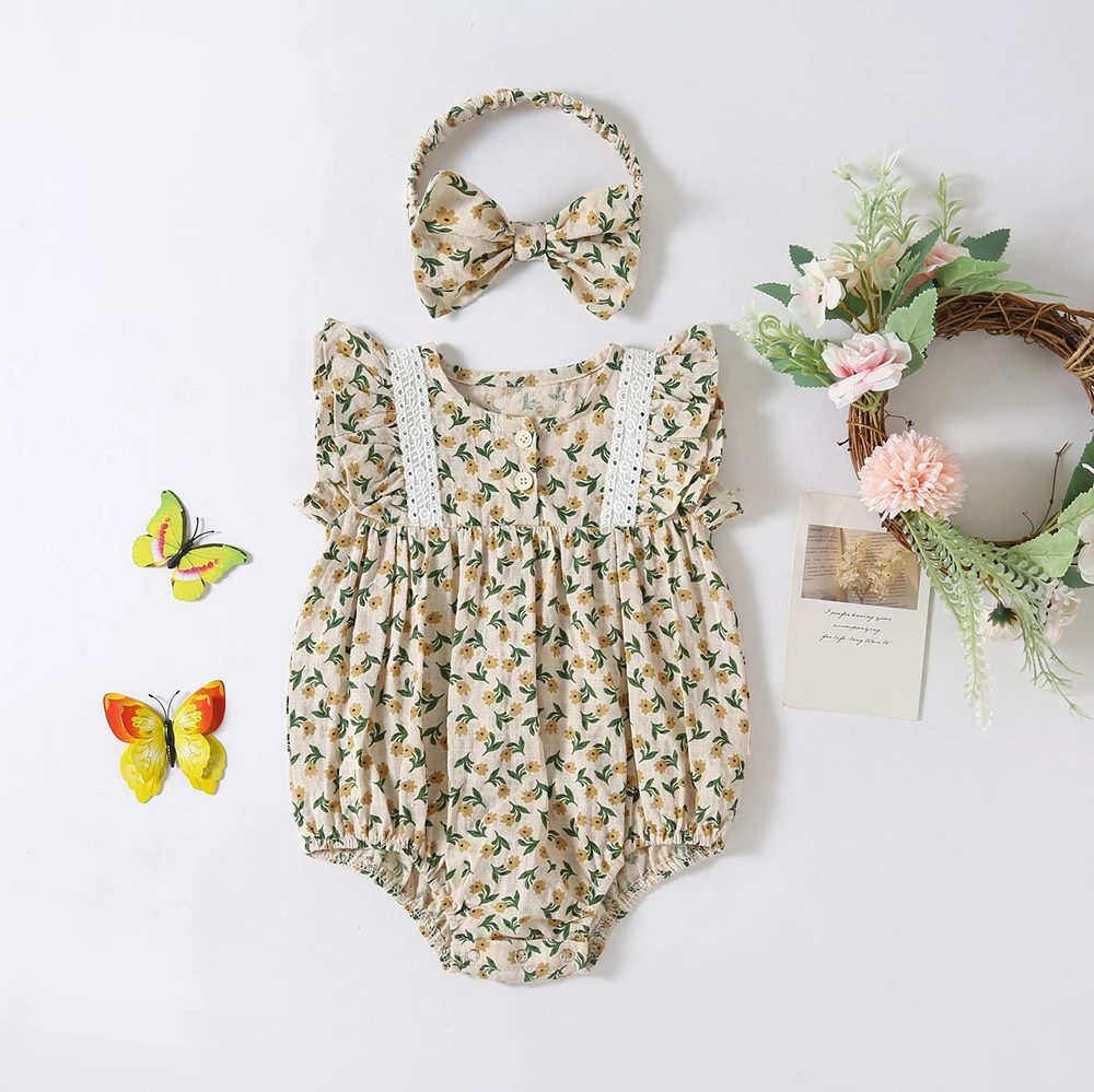 2025 Summer Baby Girls Clothes Floral One Piece Sleeveless Bodysuit Infant Girls Clothing with Headband