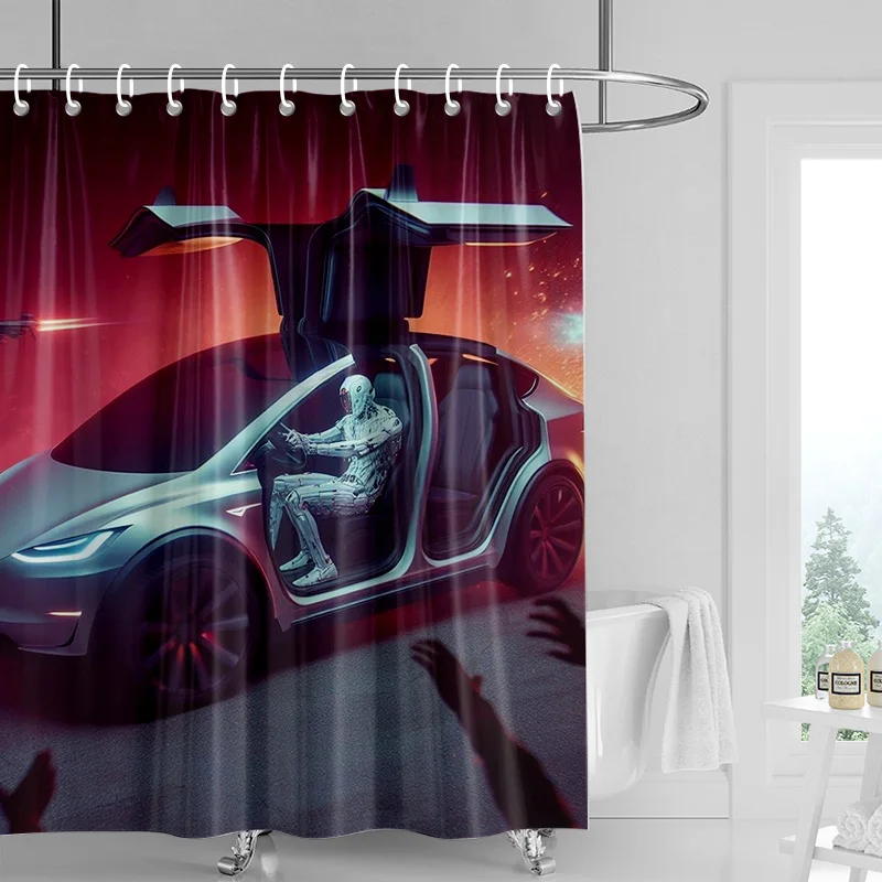 Car Cartoon Shower Curtain Waterproof Bathroom Curtain Bathroom Partition Curtain Universal Home Decor Ins Style