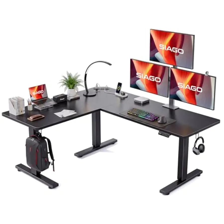 L-Shaped Standing Desk with Charging Station for Home Office, Steel Frame, Matte Black, Height-Adjustable and Cable Management