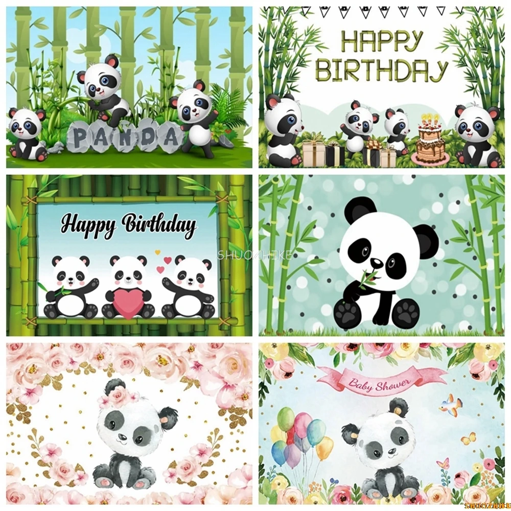 

Panda Backdrop Green Bamboo Flowers Newborn Baby Shower Kid Birthday Party Photography Background Decoration Photo Studio Props