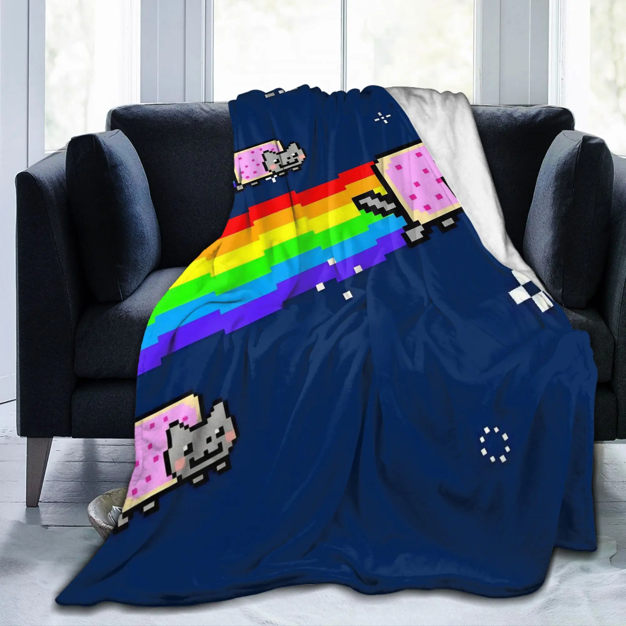 Nyan-Cats Rainbow Funny Game Blanket Internet Meme Fleece Funny Warm Throw Blanket for Home Winter Car
