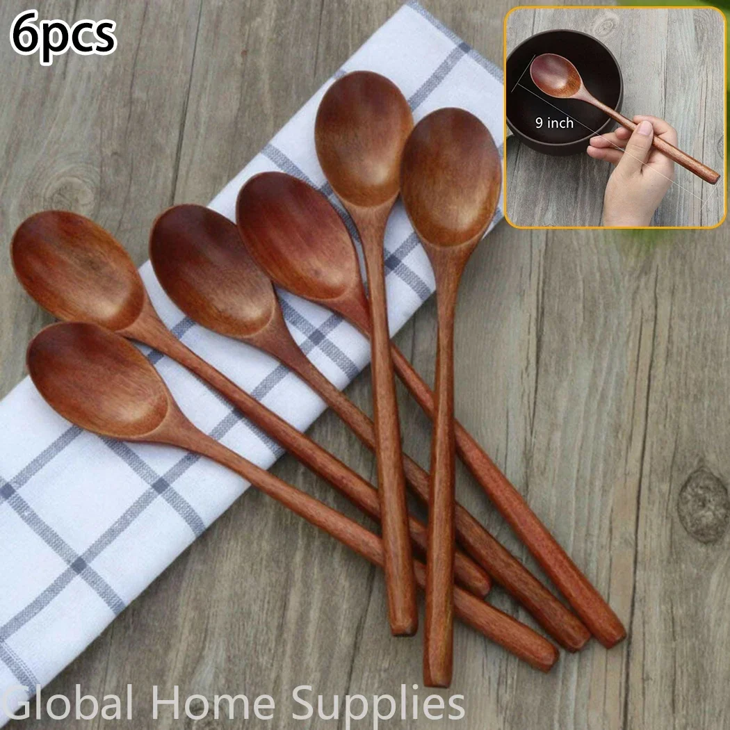 6 Piece Wooden Spoon Bamboo Kitchen Korean Style 9 '' Inch Natural Wood Soup Tableware Cooking Honey Coffee Spoon Mixing Spoon