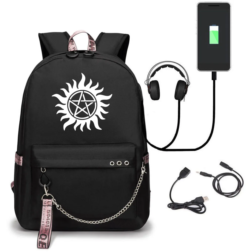 Supernatural SPN Wing Printed USB Backpack With Chain Headphone Port School Bags Mochila Travel Laptop Bags