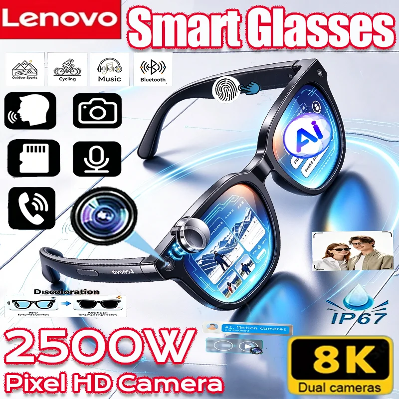 Lenovo 12K 2500MP Smart Glasses 2027 New AI Translation Bluetooth Conversation Recording Music Men Women Smart AI Sunglasses