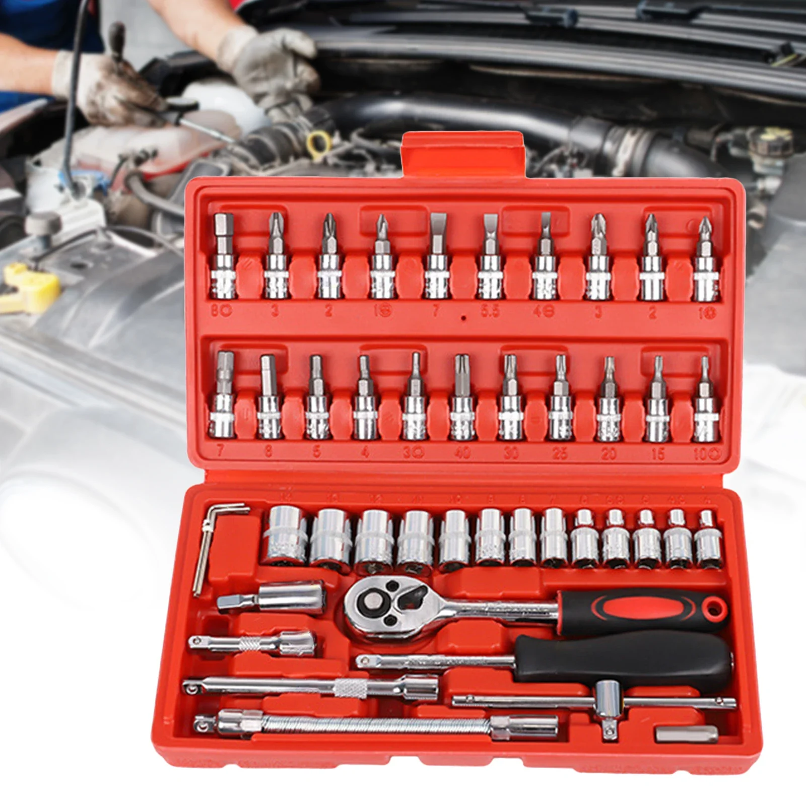 46 Pcs Car Repair Tool Kit Generic Socket Ratchet Torque Wrench Set Screwdriver Drive Socket and Bit Set with Storage Case