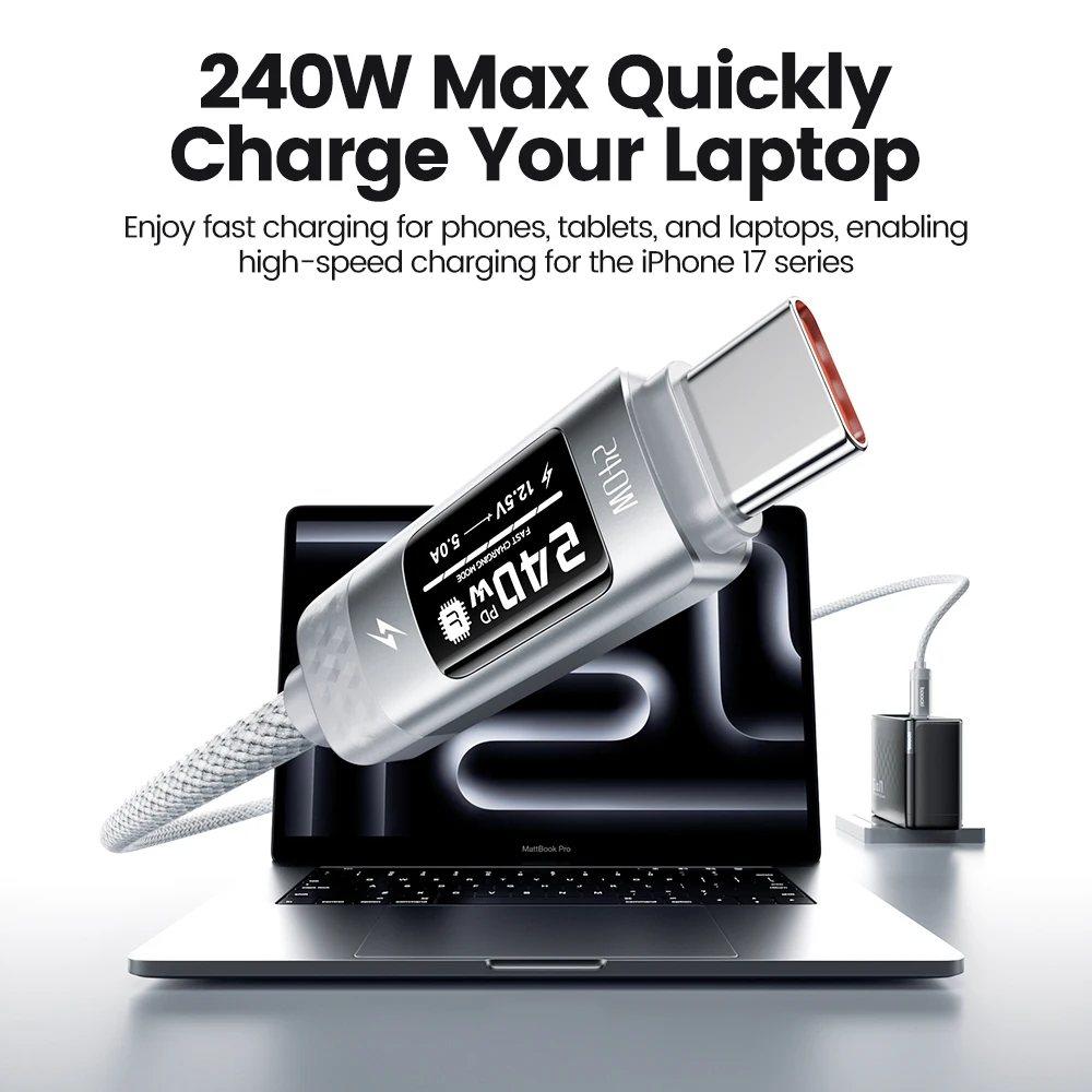 Kabel Toocki PD 240W USB C do USB C 1/2/3 szt. Biały z cyfrowym wyświetlaczem OLED SFC 2.0 Kabel do szybkiego ładowania typu C do iPhone 17 Samsung — zdjęcie produktu 3