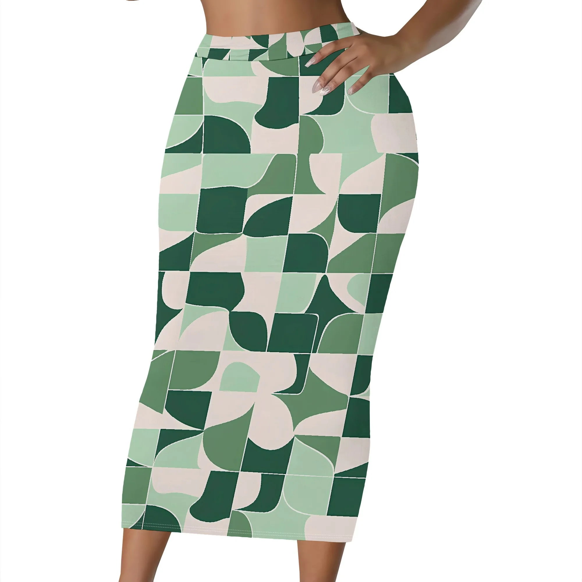 Geometrischer Druck, Midirock, grünes abstraktes Muster, Retro-Stil, Bürokleidung, Freizeitoutfit, S-2XL – Detail 1